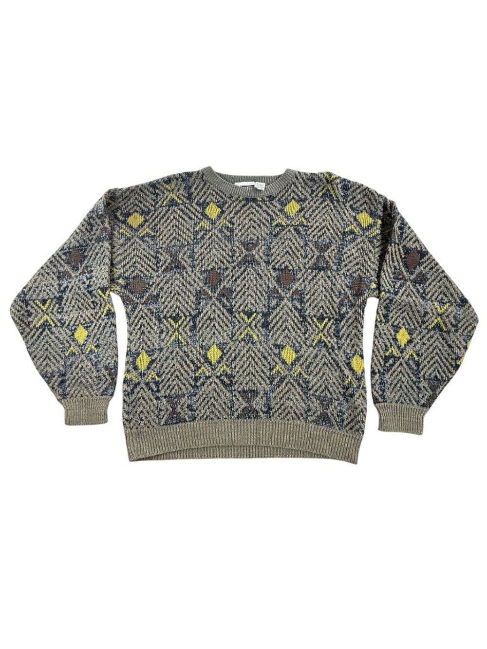 Vintage White Oak Sweater Mens XL Green Geometric Crewneck Knit Pullover 80s